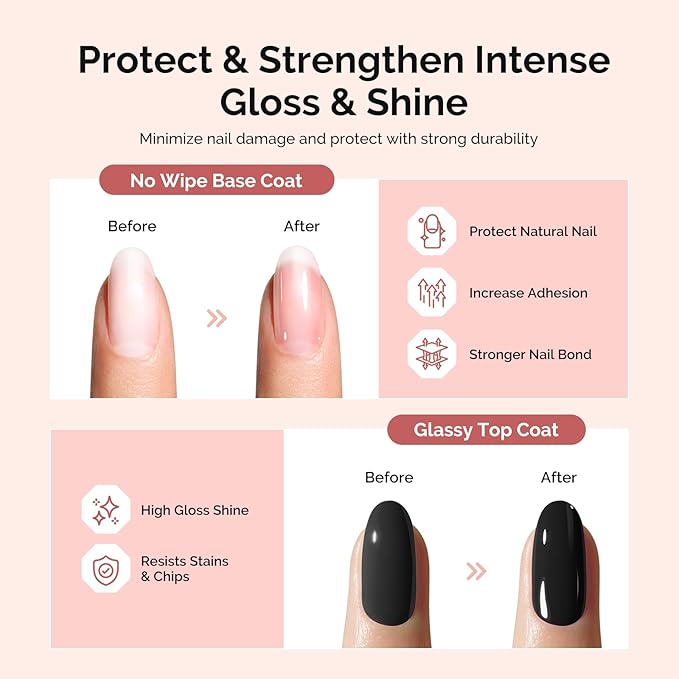 MelodySusie No Wipe Glossy Top Coat Base Coat Builder Gel 019 Set Long Lasting Shine Finish Soak Off UV LED Nail Lamp Nail Art Design Manicure Kit Perfect Gifts for Women Girls 3 Pcs 15ml