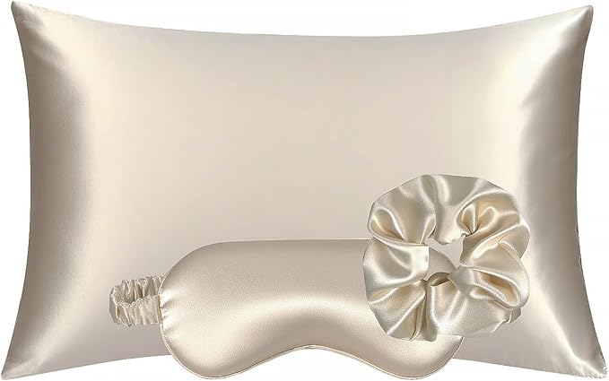 KISMETICS - Vegan Silk Sleep Set, Vegan Silk Pillowcase with Large Scrunchie and Eye Mask for Hair and Skin, Self Care Essential Satin Night Routine Kit (Champagne Color)
