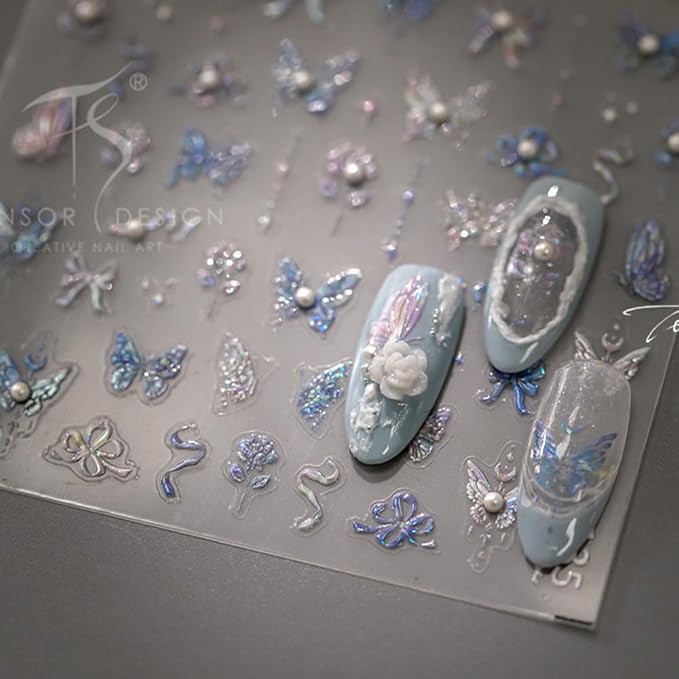 Butterfly Nail Stickers for Nail Art 5D Embossed Aurora Butterfly Nail Stickers with Pearl Flower Design Butterfly Nail Decals Spring Summer Nail Supplies for Women Girls Manicure Decoration