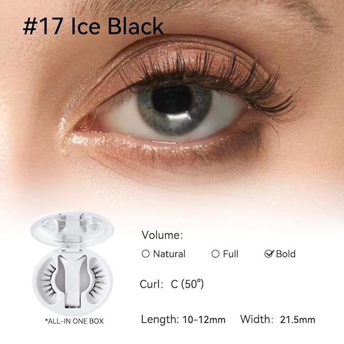 WOSADO [No.17 Ice Black] 21.5mm Magnetic Eyelashes with Applicator Kit, Reusable Magnetic Lashes without Eyeliner, Glue-free False Lashes, Waterproof, Lightweight