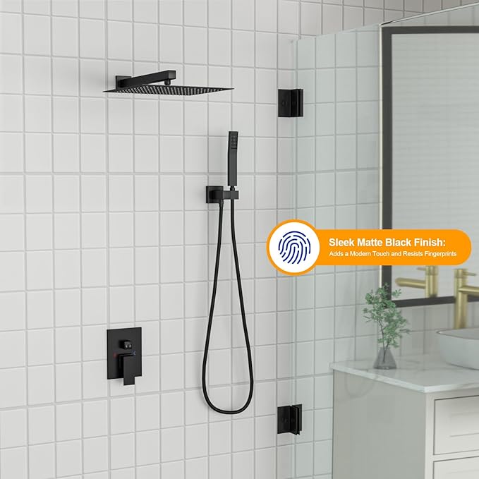 Dcolora 10 In. Rainfall Shower System with Handheld, Matte Black Shower Faucet Set for Bathroom, Brass Valve, 304 Stainless Steel, Anti-Scald cUPC Certified (Matte Black, 10 Inch)