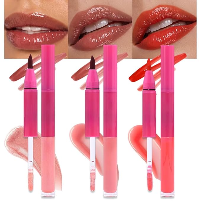 evpct ‌3Pcs Matte Liquid Lipstick Marker Pen Lip Liner Combo Set with Lip Oil, Antique Rose Ruby Bright Red 2in1 Lipgloss Tint Lipstick Long Lasting Waterproof for Women, Longwear Lips Stain 24 hours