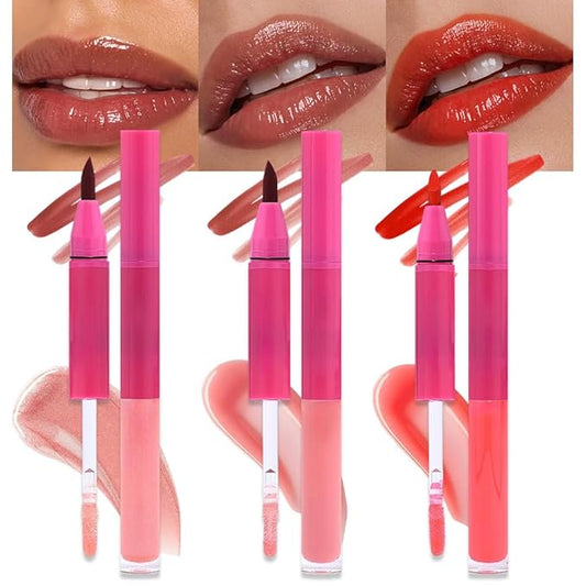 evpct ‌3Pcs Matte Liquid Lipstick Marker Pen Lip Liner Combo Set with Lip Oil, Antique Rose Ruby Bright Red 2in1 Lipgloss Tint Lipstick Long Lasting Waterproof for Women, Longwear Lips Stain 24 hours