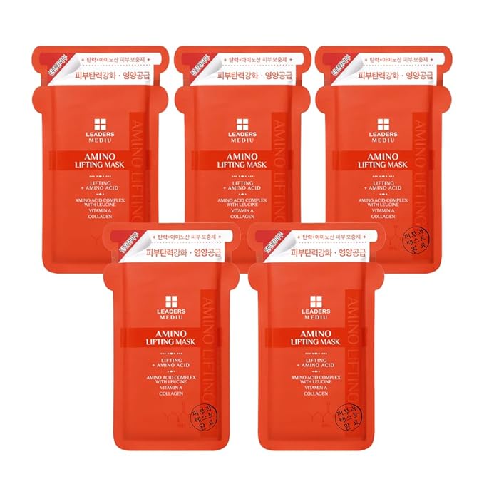 Leaders Mediu Amino Firming & Lifting Facial Sheet Mask | Amino Acid Complex, Vitamin A, Collagen | Reduces Fine Lines, Improves Elasticity, for All Skin Types (5 Sheets)