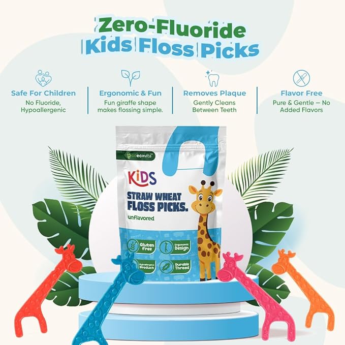 Kids Flossers - Straw Wheat Handle | Dental Floss Picks for Children | Fluoride-Free | Colorful & Fun Animal Floss Sticks (Unflavored, 200 Pack)