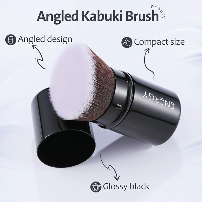 ENERGY Kabuki Foundation Brush Mini - Makeup Brush Retractable Travel for Liquid Loose Powder & Blush Buffing, Bronzer & Cream Blending, Angled Face Cosmetic Brushes Cruelty Free With Cover (Black)