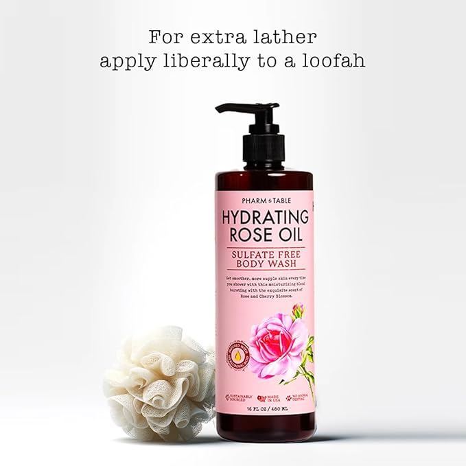 PHARM TO TABLE Hydrating Rose Oil Body Wash for Women and Men - Hydrates and Brightens the Skin, Sulfate Free, 100% Cruelty Free, 480ml