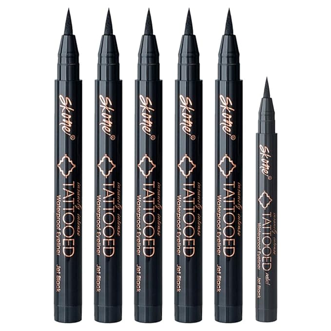 Skone Cosmetics Insanely Intense Tattooed Eyeliner Pen - 5-piece Set - Waterproof Liquid Eyeliner, Long-Lasting, Sweat Proof, Smudge Proof Liquid Eyeliner - Jet Black (with FREE Travel Size mini)