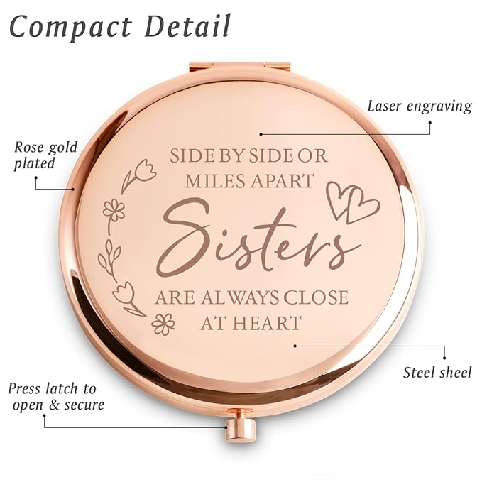 Personalized Gifts for Sister, Sentimental Sister Gifts for Birthday, Valentines Day, Wedding, Custom Engraved Compact Mirror, Goodie Bag & Basket Stuffers