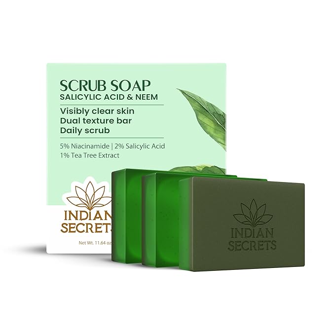 INDIAN SECRETS Scrub Soap with Salicylic Acid & Neem – Exfoliating Body & Face Soap – Enriched with Niacinamide, Tea Tree Extract, Neem, Salicylic Acid Pack of 3 (110g/3.88Oz each)