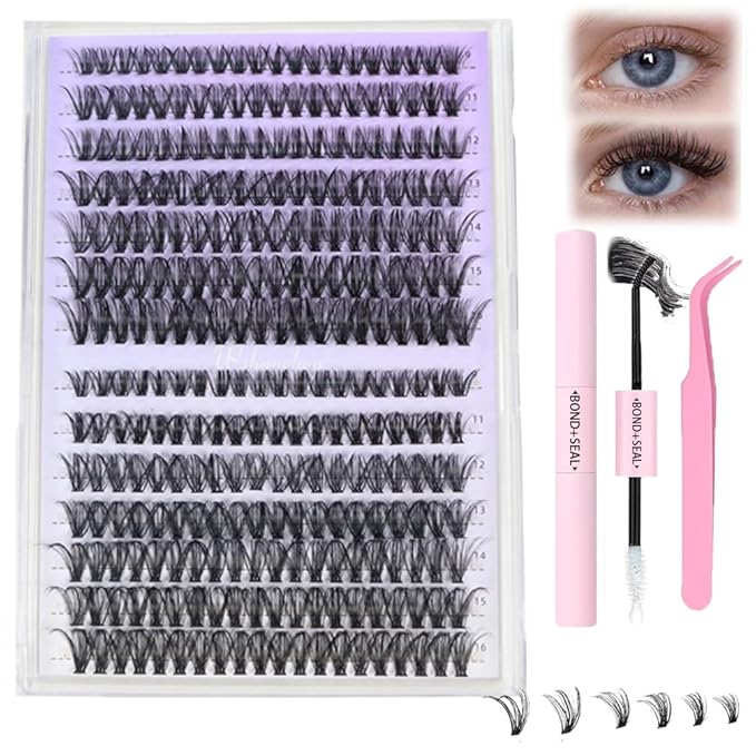 Lash Extension Kit DIY 280pcs Lash Clusters Eyelash Extension Kit, Lash Bond and Seal Lash Tweezers for Self Use 9-16mm Mix，40D Curl Individual Lashes Kit (40D-0.07D-9-16MIX KIT)
