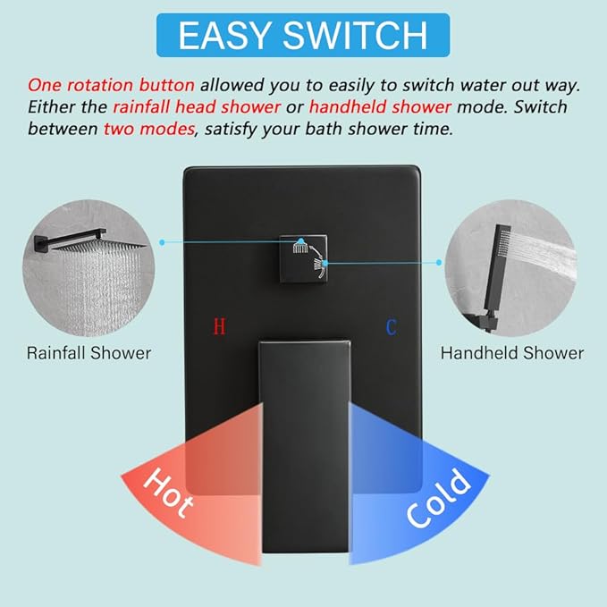 YCAIKOI Shower Faucet Set Complete, Wall Mount Shower System for Bathroom 12 Inch High-Pressure Rainfall Shower with Handheld, Rough-in Valve Body and Trim Kit, Matte Black