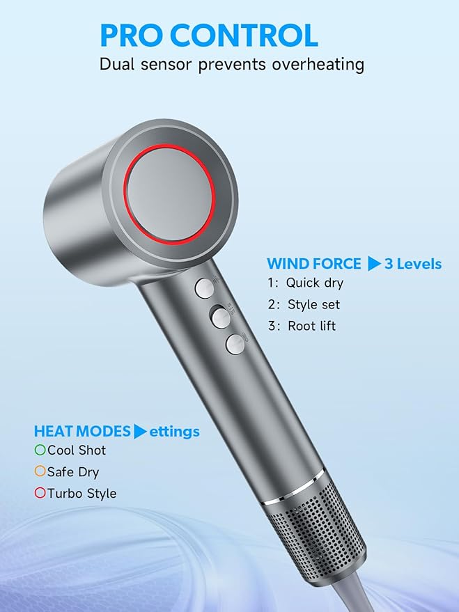2026 Hair Dryer, Blow Dryer with Diffuser - 200,000 RPM High-Speed Ionic Technology for Women and Man, 1200M Negative Ions & Brushless Motor, Low Noise Design with Magnetic Nozzle Attachments (Gray)