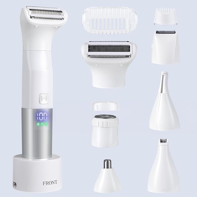 Shaver for Women, 6-in-1 Body Hair Trimmer, Facial & Pubic Hair Removal, IPX7 Waterproof Wet & Dry Grooming Electric Shaver Kit,Cordless Travel Razor with USB Charging Dock