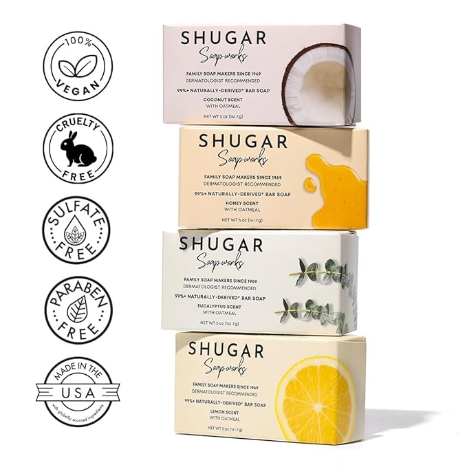 Shugar Soapworks Oatmeal & Eucalyptus 5 oz Beauty Bar Soap 8-Pack | Plant-Based Formula | Sulfate & Paraben Free | Moisturizing Gentle Cleanser for Sensitive Skin, Body & Hands