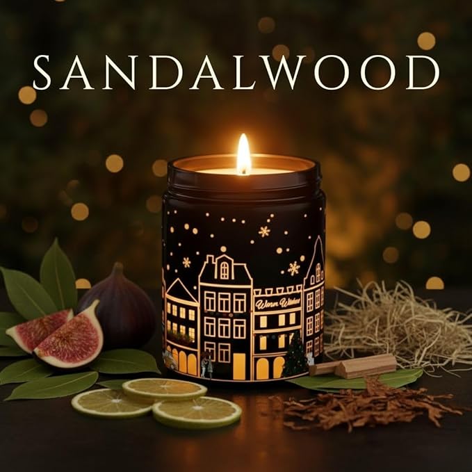 Sandalwood Scented Candle (Black Jar), 40-Hour Burn, Dual Light Glow, Premium Soy Wax, Aromatherapy Candle for Bedroom & Bathroom, Cozy Holiday Gift Candle – 7oz (200g)