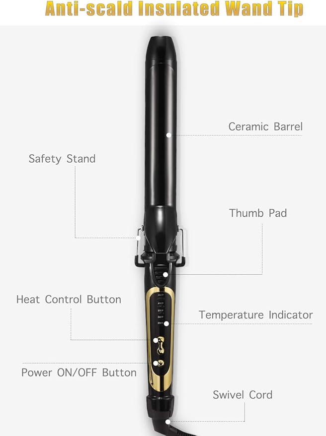Lanvier 1.25 Inch Clipped Curling Iron with Extra Long Tourmaline Ceramic Barrel, Professional 1 1/4 Inch Hair Curler up to 450°F Dual Voltage for Traveling, Hair Waving Style Tool–Black