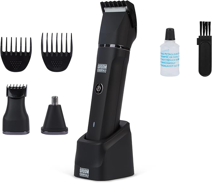 Groom Essentials Electric Shaver for Men with Charging Dock, USB-C Cordless Wet & Dry Full Body Grooming Kit with Beard Trimmer, Nose Trimmer, Trimming Guides