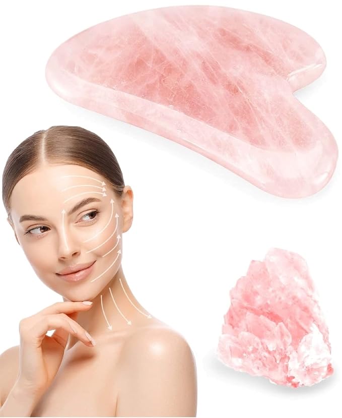 Natrual Rose Quartz Gua Sha Facial Tools | Guasha Tool for Face Sculpting, Shaping, Reduce Puffiness, Tension Relief | Massage Stone for Eyes, Face and Body