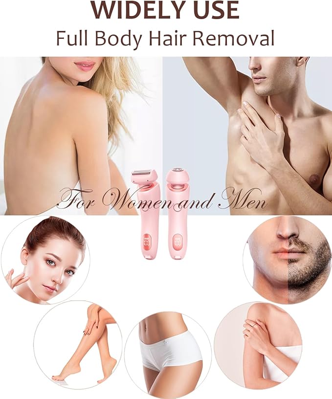 Electric Shaver for Women - Painless Lady Razor Facial Hair Remover 2-in-1 Wet and Dry Cordless Portable Bikini Trimmer for Face Armpit Legs Body - Rechargeable IPX7 Waterproof Hair Removal (Pink)