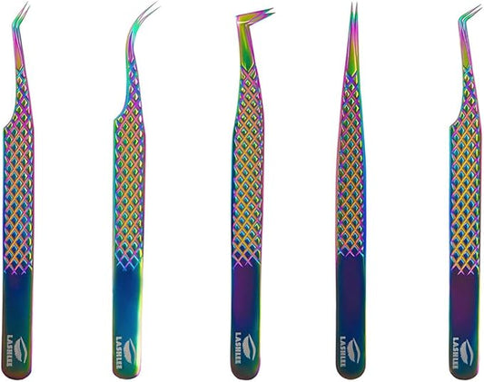 UM Supplies Eyelash Extension Tweezers pack of 5 | Professional Japanese Stainless Steel Tools | Straight | Curved | Angled | Tip 45 Degree | 90 Degree Volume Tweezers Precision Degree l Rainbow