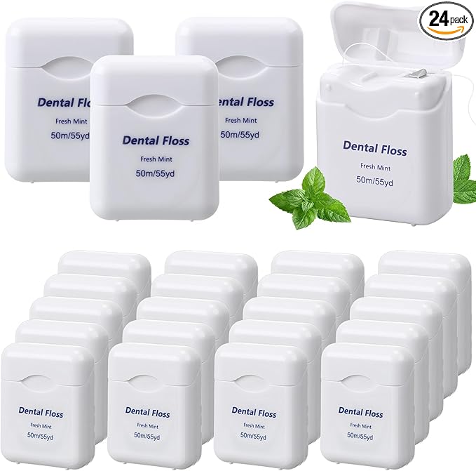 Mimorou 24 Pack Dental Floss Bulk Travel Mint Flavored 50m Each Travel Dental Floss Waxed for Teeth Oral Care and Gum Protection(White)