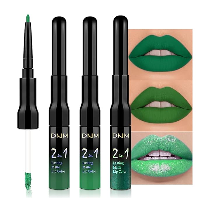 evpct 3Pcs Green Matte Shimmer Lip Liner & Liquid Lipsticks Stain Makeup Set for Women, Green Lip Liner Stain Long Lasting Waterproof Smudge Proof, Cruelty Free Lip Sticks Makeup 24 hours originales