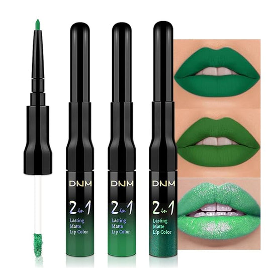 evpct 3Pcs Green Matte Shimmer Lip Liner & Liquid Lipsticks Stain Makeup Set for Women, Green Lip Liner Stain Long Lasting Waterproof Smudge Proof, Cruelty Free Lip Sticks Makeup 24 hours originales
