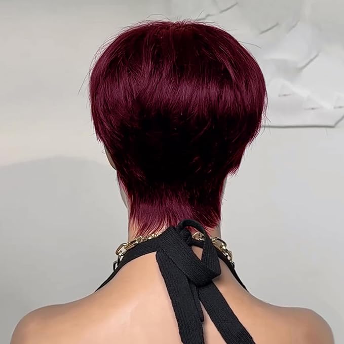 Short Pixie Cut Human Hair Wig for black women Burgundy Red Straight Human Hair Non-Lace front Wig with bangs full machine made 99J Colored Glueless Short Haircut Wig