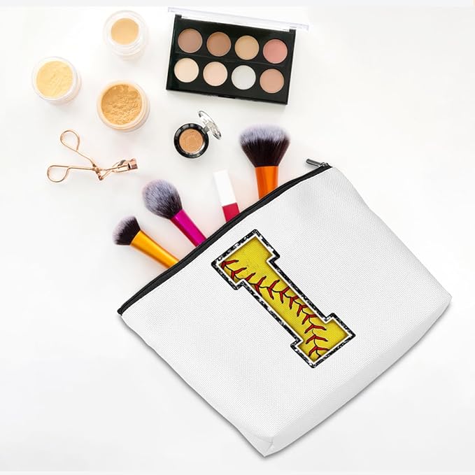 CQM Softball Gifts Initial Makeup Bag Monogrammed Cosmetic Bag Yellow Letter I Zipper Pouch Softball Accessories for Girls Women Player Coaches Friend Graduation Birthday Gifts