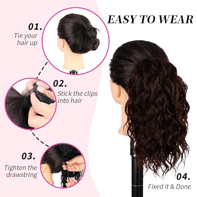 Short Deep Wave Drawstring Ponytail for Women 10 Inch Medium Brown Curly Hair Extension Deep Curly Wave Hair Pony Tails Hair Extensions for Daily Use (#4)