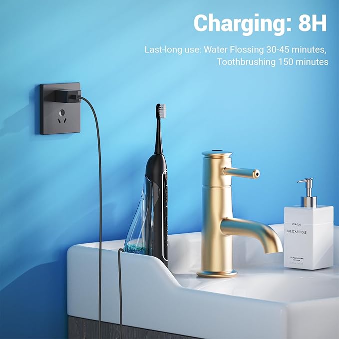 Electric Toothbrush with Water Flosser, 3-in-1 Sonic Modes, 5 Flossing Speeds with 2 Brushes + 2 Nozzles, Portable Flossing Toothbrush Combo for Adults Teeth Cleaning Kit for Travel (Black)