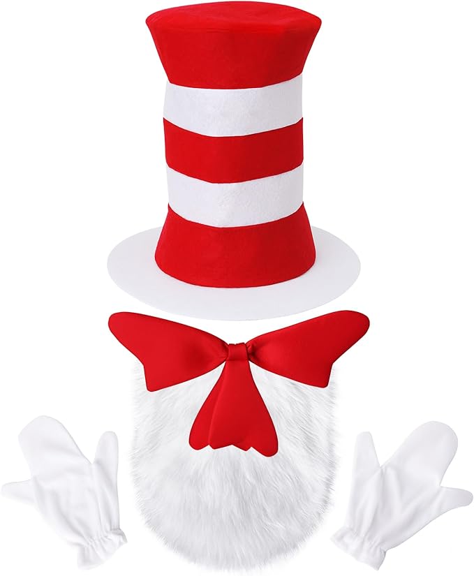5 Pcs Hallowen Costume Accessories,Red White Striped Hats/Red Bow/White Furry/White Gloves