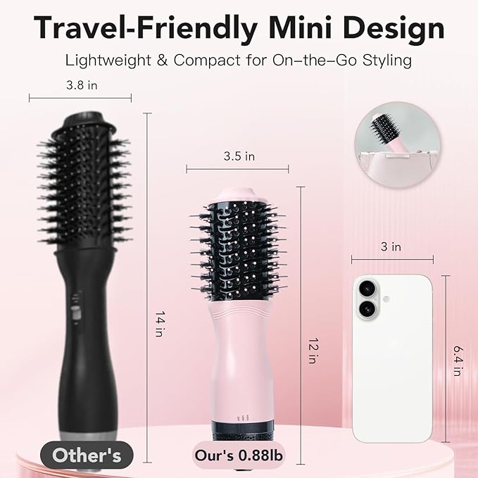 Mini Dual Voltage Hair Dryer Brush, 900 Watts 2 Inch Oval Ceramic Hot Air Brush, One Step Hair Dryer and Styler for Travel, Suitable for All Hair Types, Pink