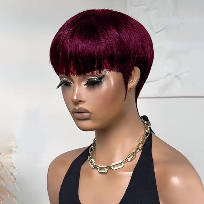 Short Pixie Cut Human Hair Wig for black women Burgundy Red Straight Human Hair Non-Lace front Wig with bangs full machine made 99J Colored Glueless Short Haircut Wig
