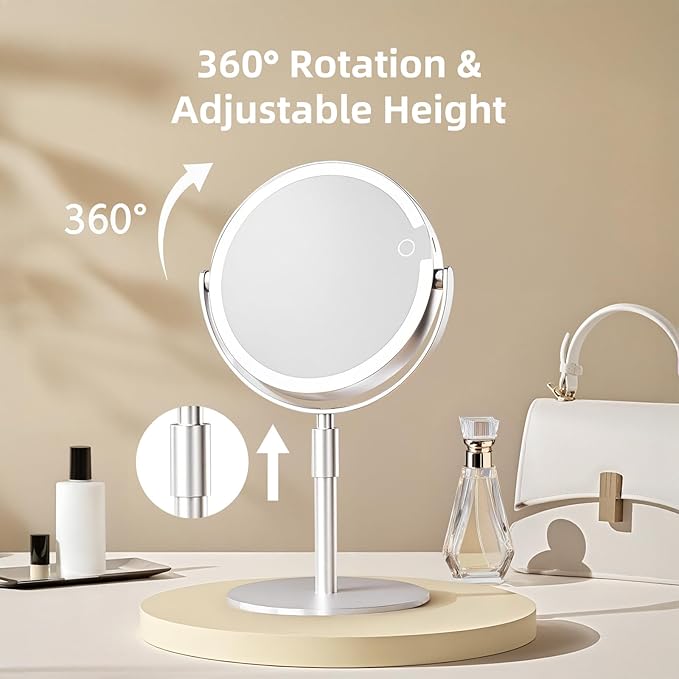 Lighted Makeup Mirror with Magnification (1X/10X), 8" Round Magnifying Vanity Mirror with Lights, Cordless Double Sided Light Weight Aluminum Alloy - Gifts Idea