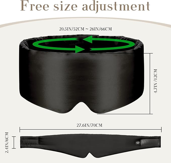 SECZIPE 100% Mulberry Silk Sleep Mask Eye Mask for Women Man with Adjustable Band, for Side Sleeper Blackout Sleep Mask for Travel Rest and Office Large Size (Black)