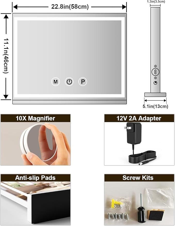 Vanity Mirror with Lights, 23" x 18" Makeup Mirror, Lighted Makeup Mirror with 3 Color Modes & Adjustable Brightness, Detachable 10x Magnification and USB Charging Design (White)