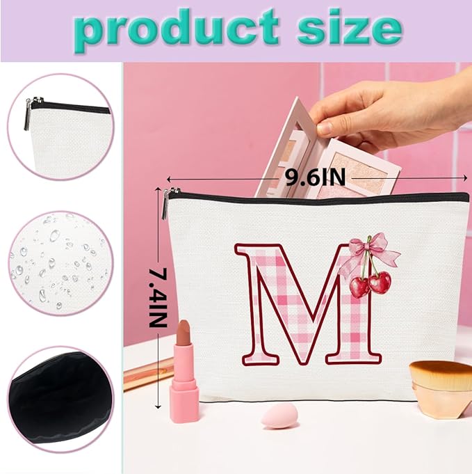CQM Initial Makeup Bag Monogram Cosmetic Bag Monogrammed Gifts for Women Girls Friends Coworker Employee Personalized Travel Toiletry Bag Christmas Bridal Shower Wedding Bridesmaid Gifts, Cherry M