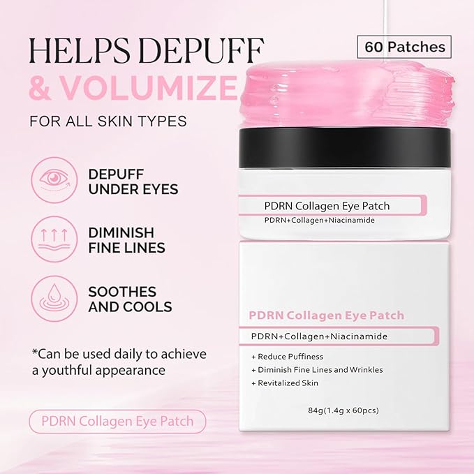 60 Pcs PDRN Under Eye Patches, Eye Mask for Puffy Eyes and Dark Circles, for Eye Bags, Fine Lines and Wrinkles Reduce, Anti Wrinkle, with Niacinamide Hydra-Gel Collagen, Skin Care - Gifts for Women