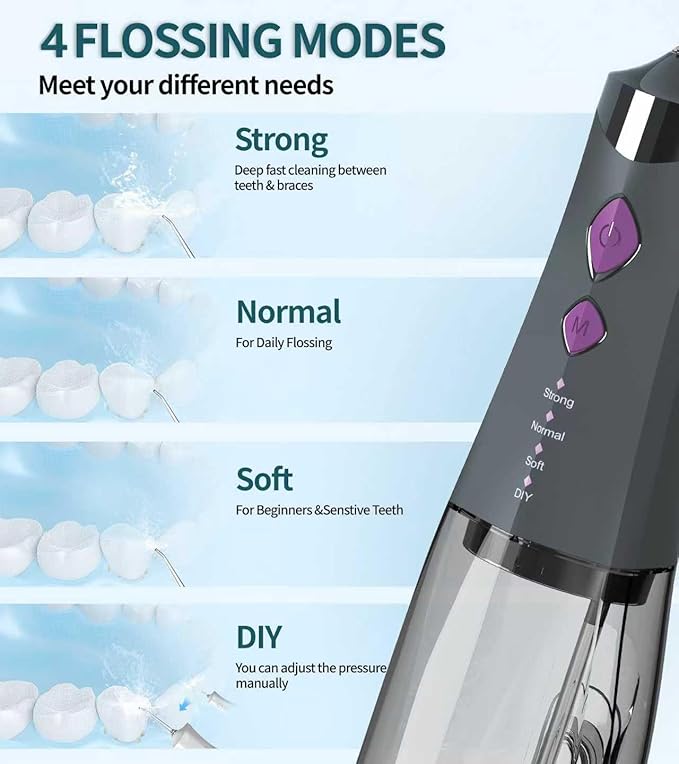 Water Dental Flosser Cordless for Teeth, 350ML Water Dental Flosser Teeth Pick 4 Modes Portable Oral Irrigator with 4 Jet Tips Rechargeable Flossers Oral Irrigator IPX7 Waterproof for Home Travel
