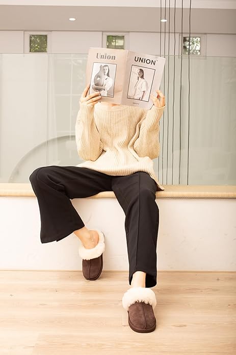 Parfeying Women's Shearling Slippers Genuine Leather with Rubber Sole, Sheepskin Fuzzy Indoor Outdoor Shoes for Home