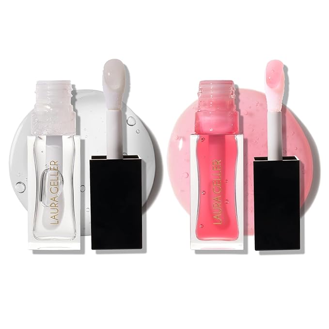 LAURA GELLER NEW YORK Fine Shine Glossy Lip Oil Duo, Sweet Pink + Glass Half Full - Clear Pink Lip Gloss with Hydrating Squalane
