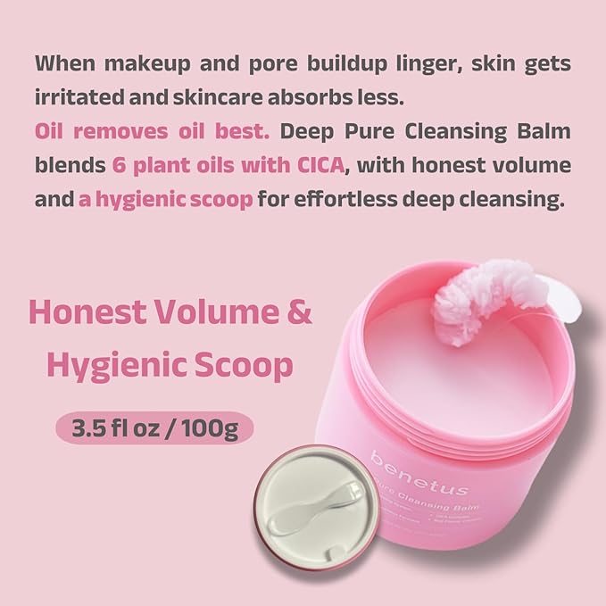 Deep Pure Cleansing Balm, Gentle Natural Face Makeup Remover Balm with CICA & Plant Oils, Nourishing & Hydrating, Removes Makeup & Sunscreen, for Oily, Dry & Sensitive Skin, Pore-Cleansing , 3.5 fl oz