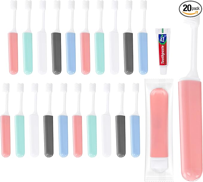 Travel Toothbrush and Toothpaste, Foldable Toothbrush and Toothpaste, Individually Packaged, Foldable for Storage, 5 Colors Available, Ideal for Travel, Business Trips, and Hotels (20-Pack)