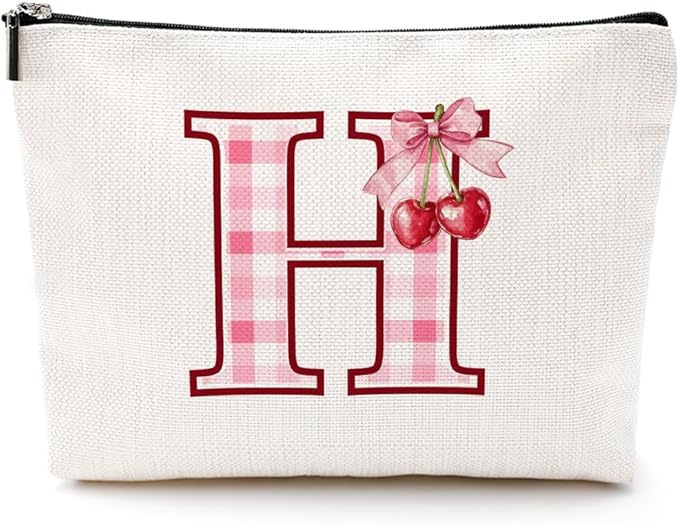 CQM Initial Makeup Bag Monogram Cosmetic Bag Monogrammed Gifts for Women Girls Friends Coworker Girlfriend Personalized Travel Toiletry Bag Christmas Bridal Shower Wedding Bridesmaid Gifts, Cherry H