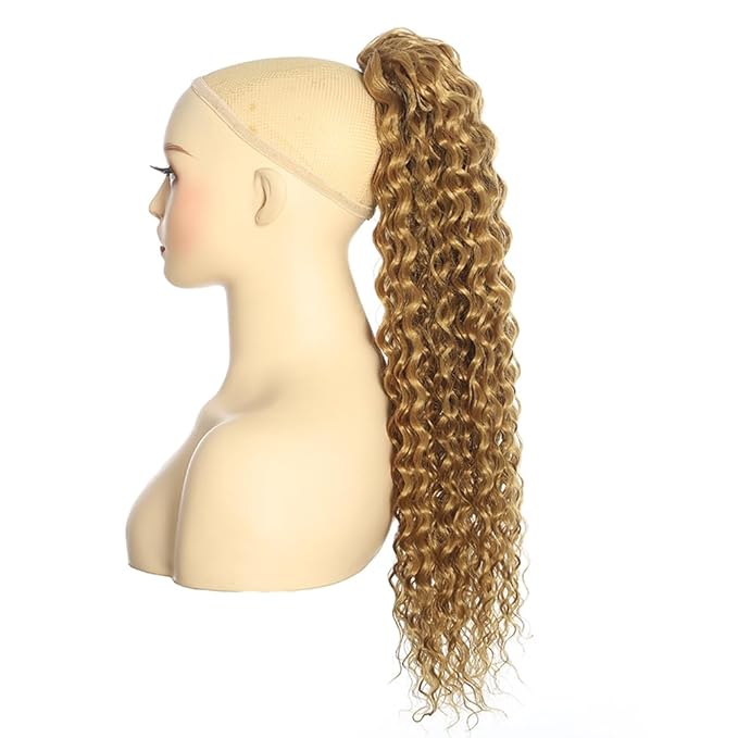 Deep Wave Ponytail Extension for Women 12 Inch Light Brown Curly Wavy Ponytail Hair Extensions Drawstring with Clips Short Synthetic Hairpiece for Daily and Party