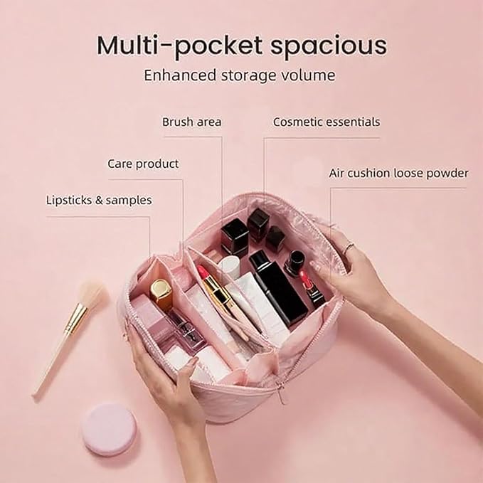 Petition Travel Makeup Bag for Woman,Festivalment Lay Flat Makeup Bag, Wide Open Water-Resistant Cosmetic Case,Puffy Padded Organizer for Toiletries & Brushes Large Capacity with Compartments (Khaki)