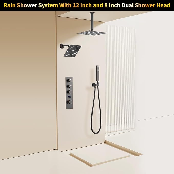 AYIVG Oil Rubbed Bronze Thermostatic Rainfall Shower System 12 Inch And 8 Inch Dual Square Shower Head System Ceiling Mount Temperature Display Shower Faucet Set With Handled Spray