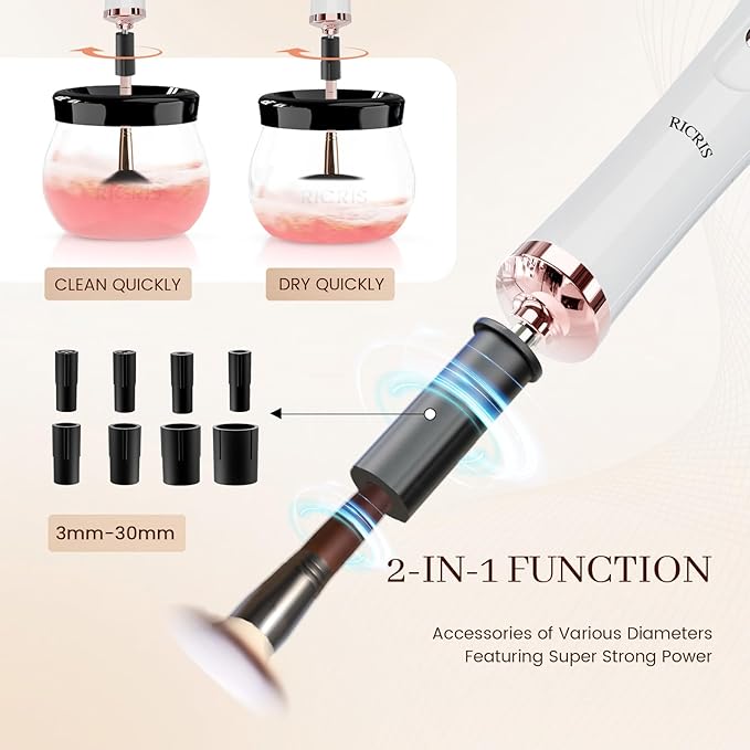 RICRIS Premium Makeup Brush Cleaner Dryer Super-Fast Electric Brush Cleaner Machine Automatic Brush Cleaner Spinner Makeup Brush Tools (White)